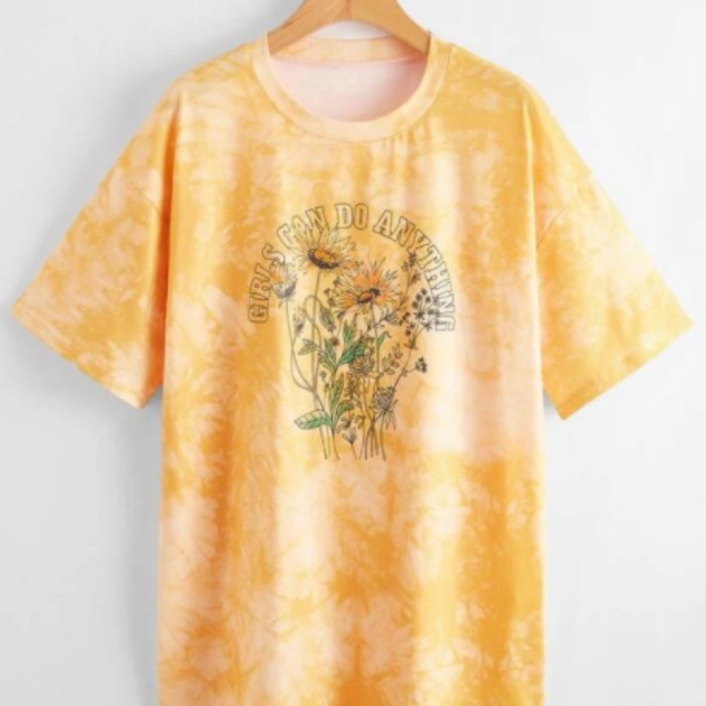 Tie Dye Floral & Slogan Graphic Tee